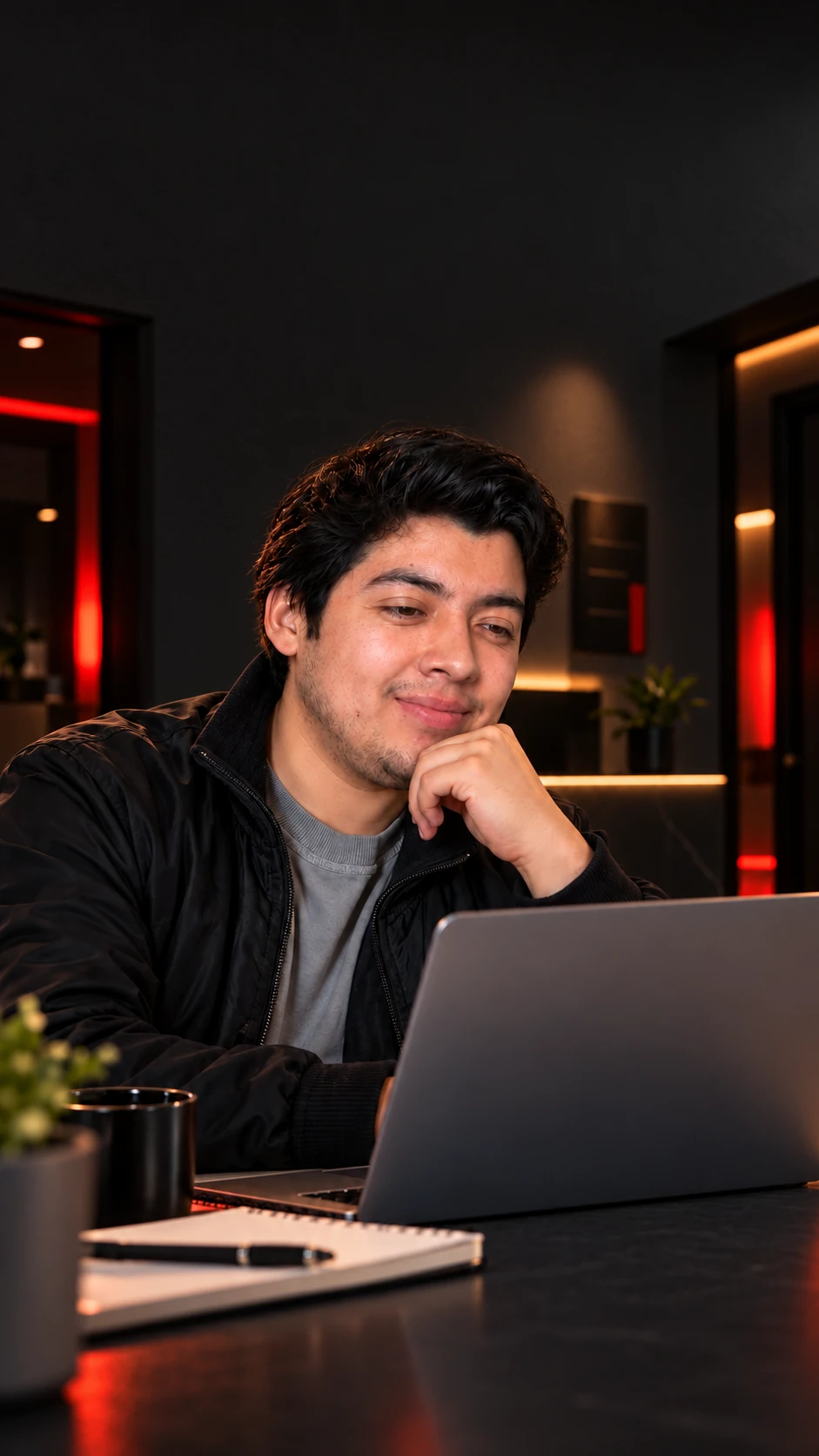 Retrato ilustrativo de Esteban junto a un portátil