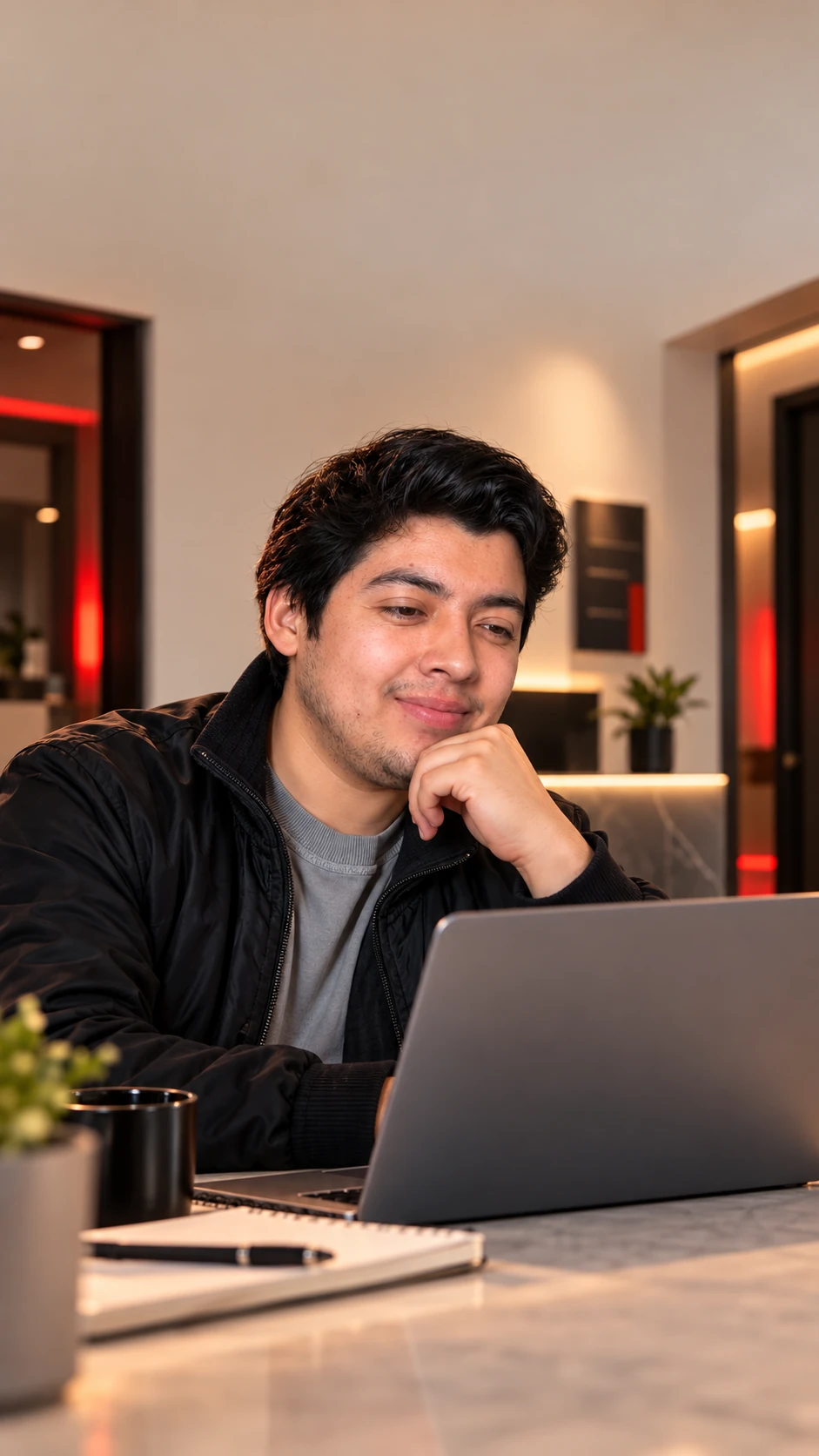 Retrato ilustrativo de Esteban junto a un portátil